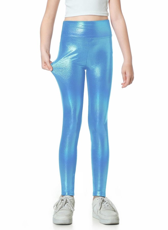 Gnainach Holographic Leggings Girls 5-6 Years Old Sparkly Blue Elastic Durable Metallic Pants Cute Clothes for Kids Performance - Image 3